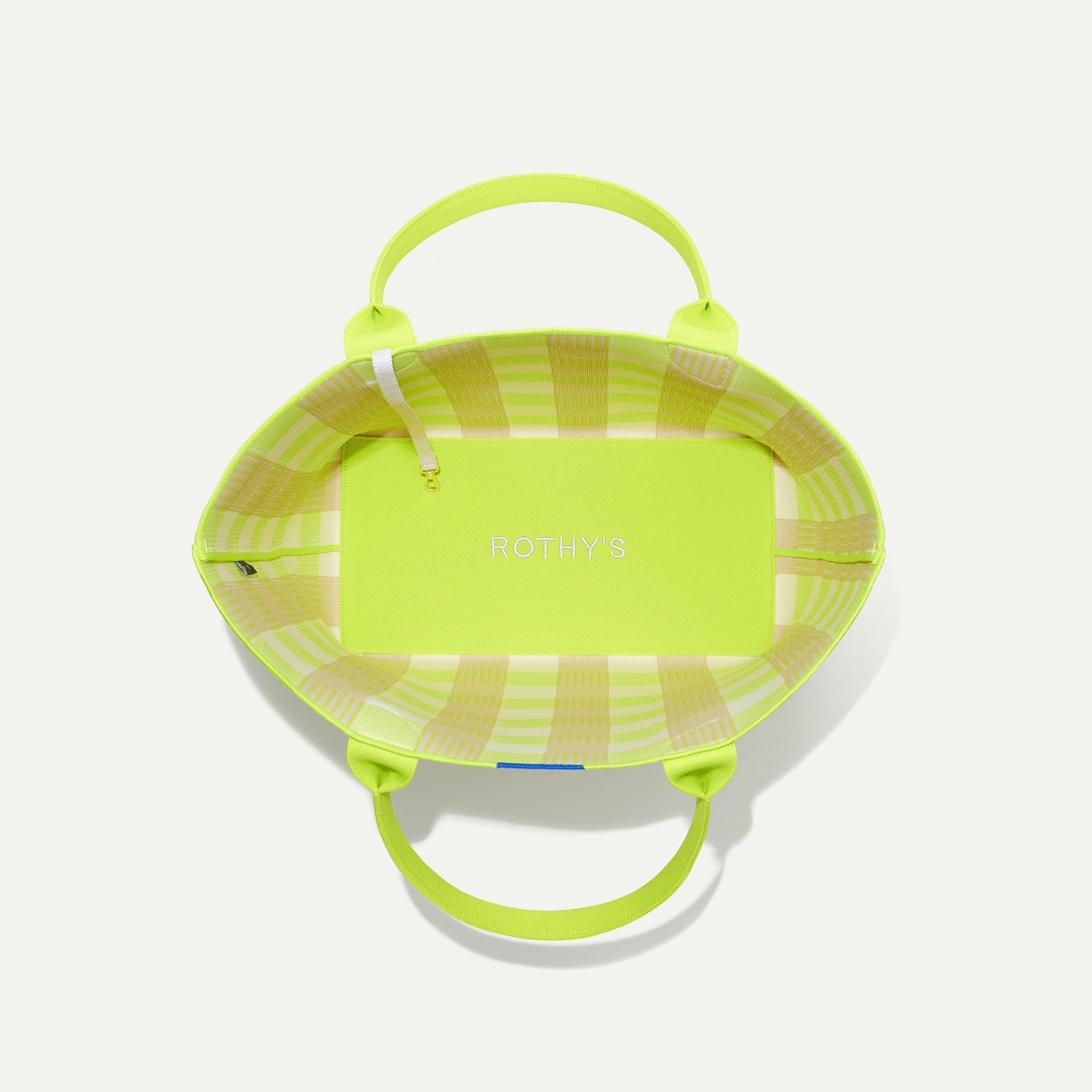 The Lightweight Tote in Citrus Gingham shown open from the top, with base insert visible. 