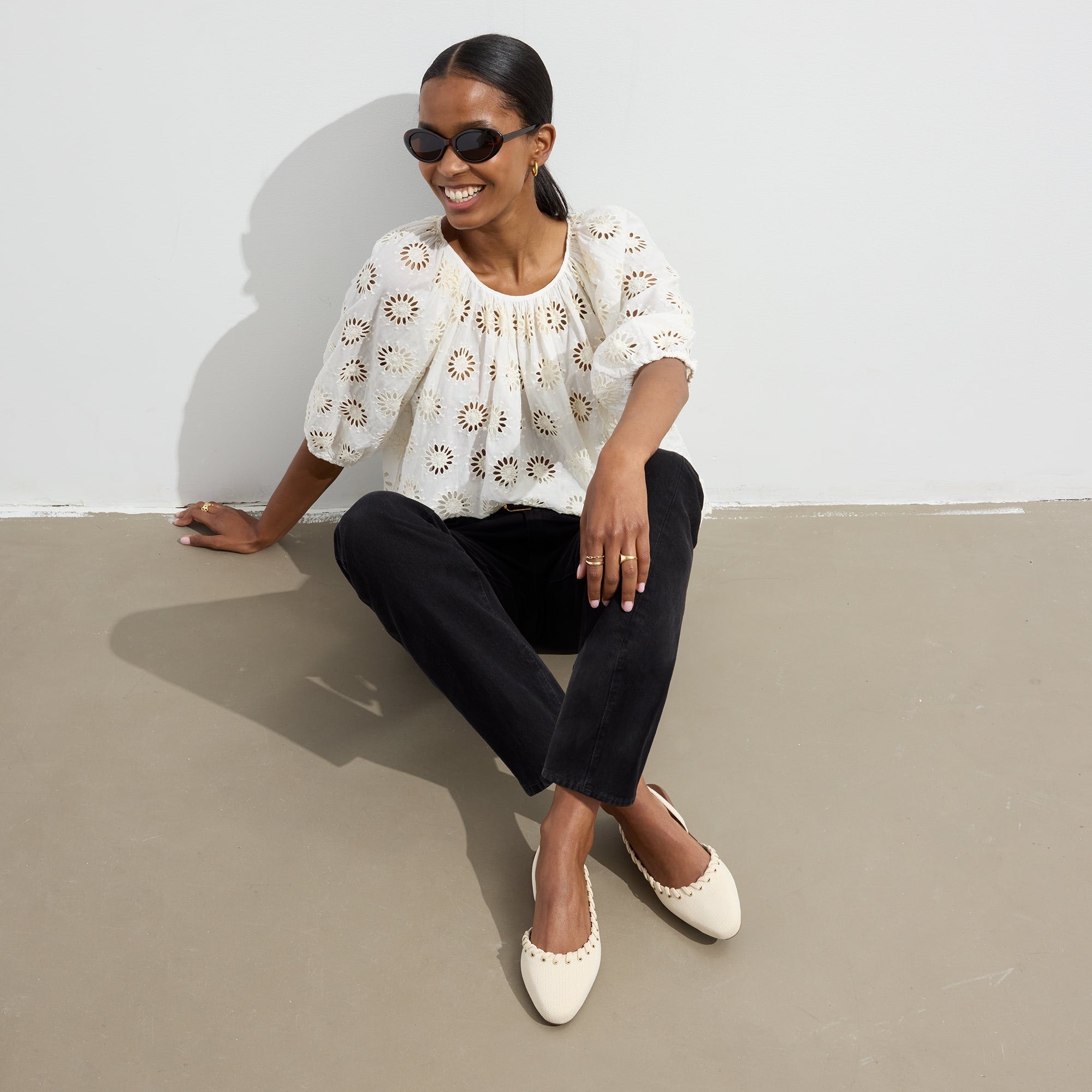 Alternate view of a model wearing The Almond Slingback.